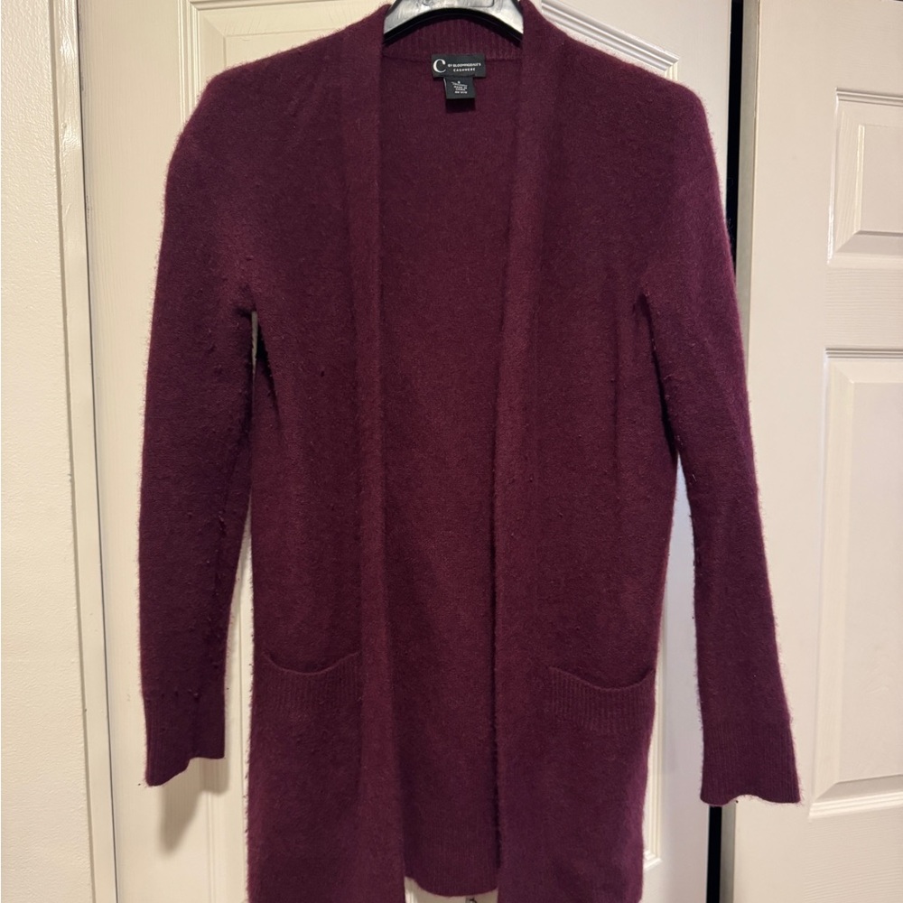 100% cashmere wine colored open front long cardigan, medium, very warm